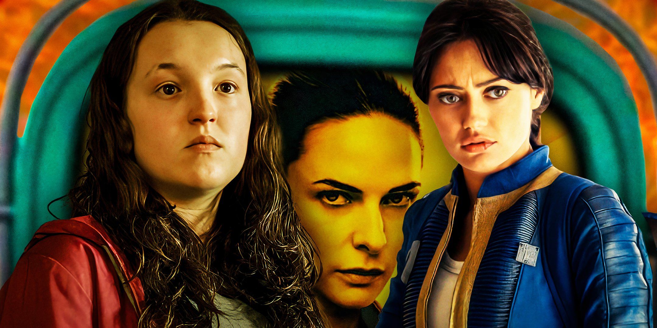 Bella Ramsey as Ellie Williams from The Last of Us, Rebecca Ferguson as Juliette in Silo, and Ella Purnell as Lucy MacLean from Fallout