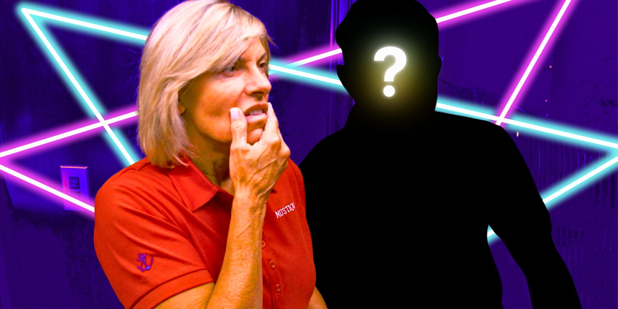 Below Deck Med’s Captain Sandy Yawn holds her hand around her mouth, while next to a mystery figure.