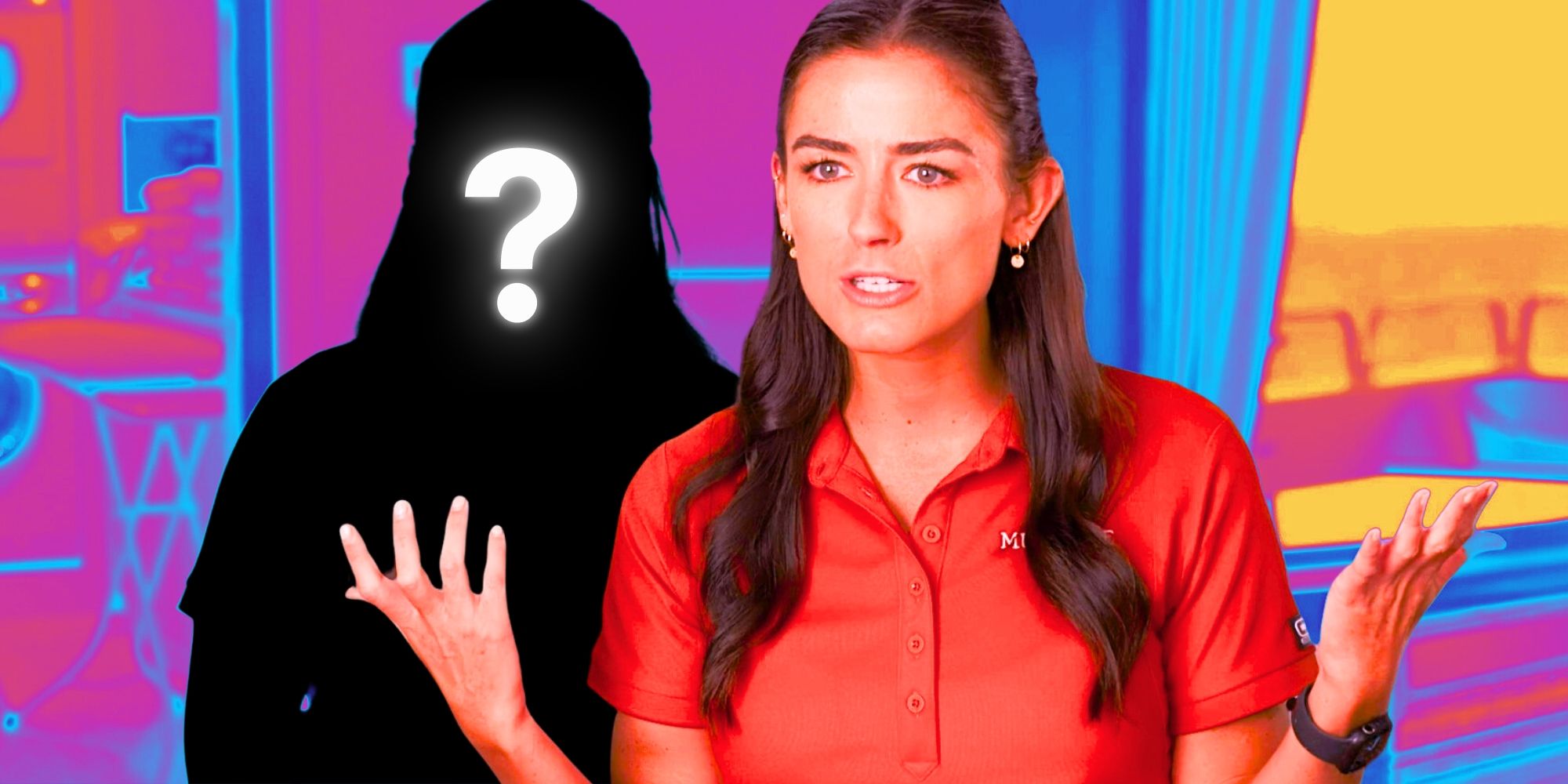 Below Deck Mediterranean’s Aesha Scott looks exasperated with raised hands, next to a mystery figure.