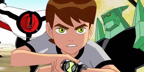 Ben Ten tuning his watch with Diamondhead and Four Arms in the background.