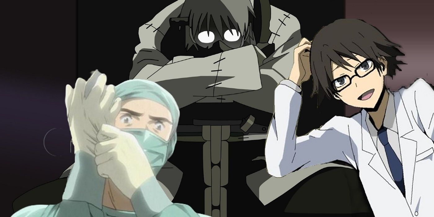 A collage in which Franken Stein from Soul Eater sits in shadow on his office chair, glasses gleaming, with Kenzou Tenma from Monster in surgical scrubs on his left and Shinra Kishitani from Durarara!! bashfully entering through a door on his right..
