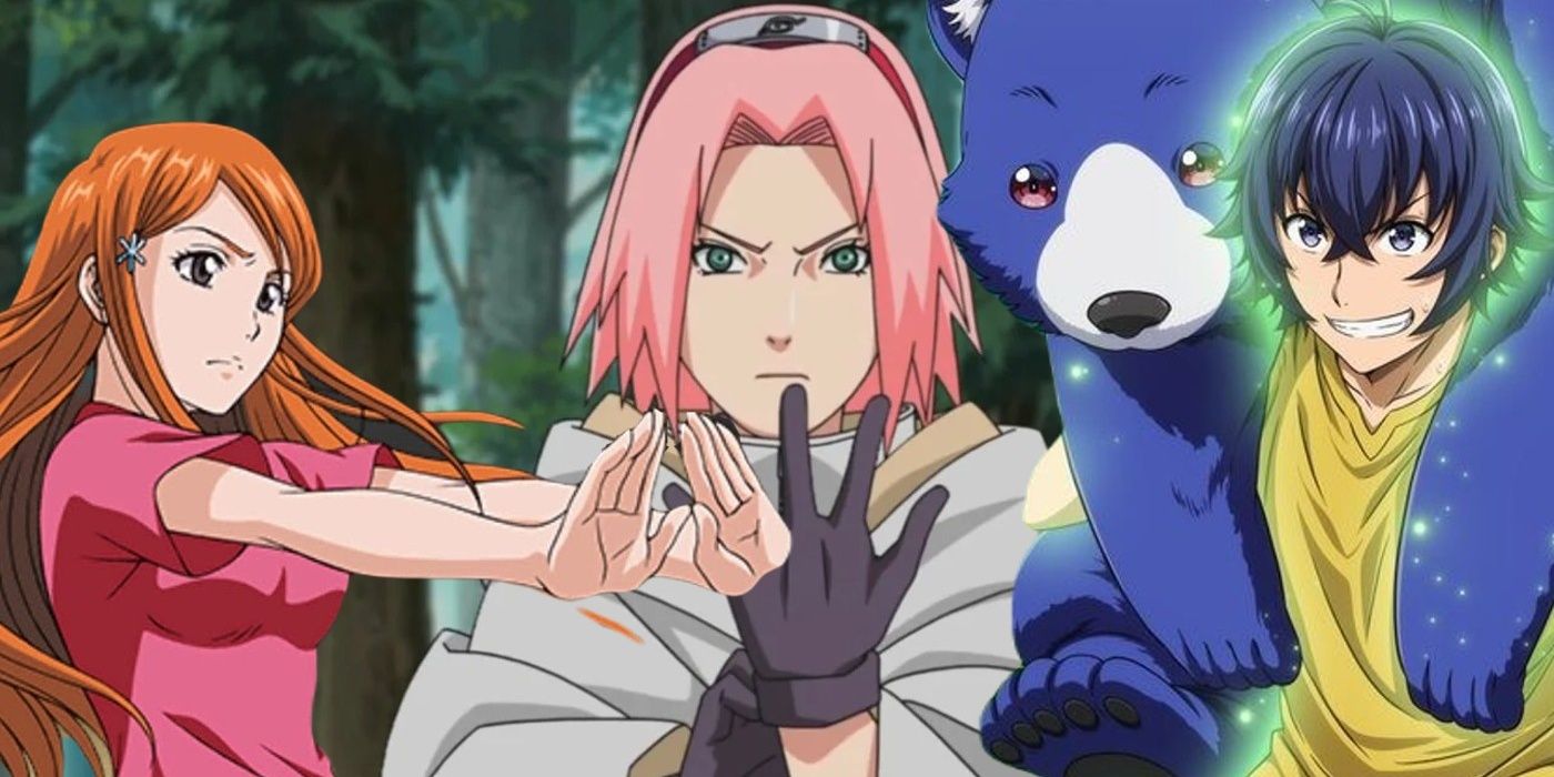A collage in front of a forest background. On the left, Orihime Inoue from Bleach extends both arms with a focused expression. In the middle, Sakura Haruno from Naruto pulls on her glove with a serious expression. On the right, Ken Usato from The Wrong Way to Use Healing Magic glows with green light and grins as he carries a blue bear on his shoulders.