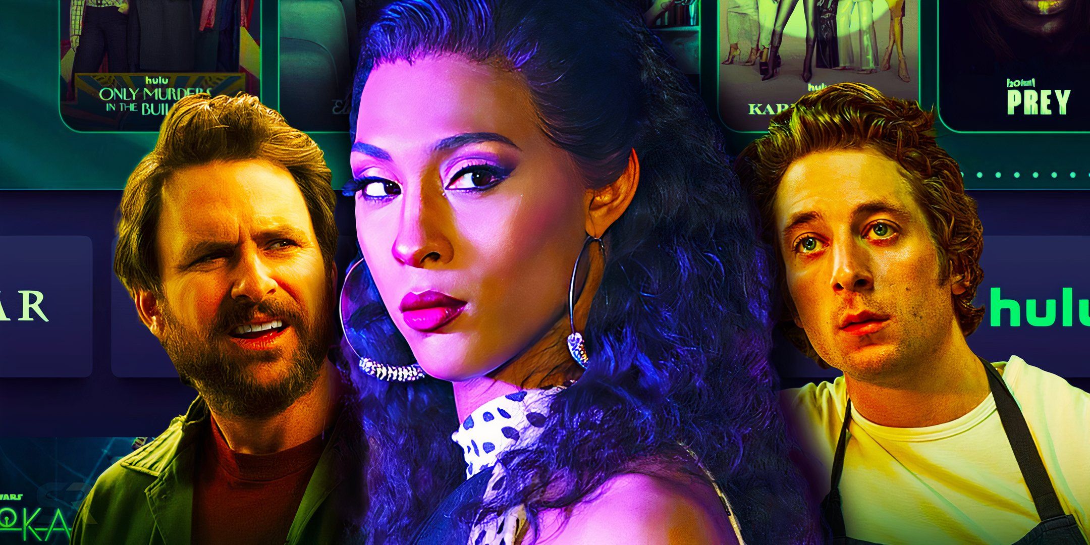 Custom image of Charlie Day, Michaela Jaé Rodriguez, and Jeremy Allen White against the Hulu home page.