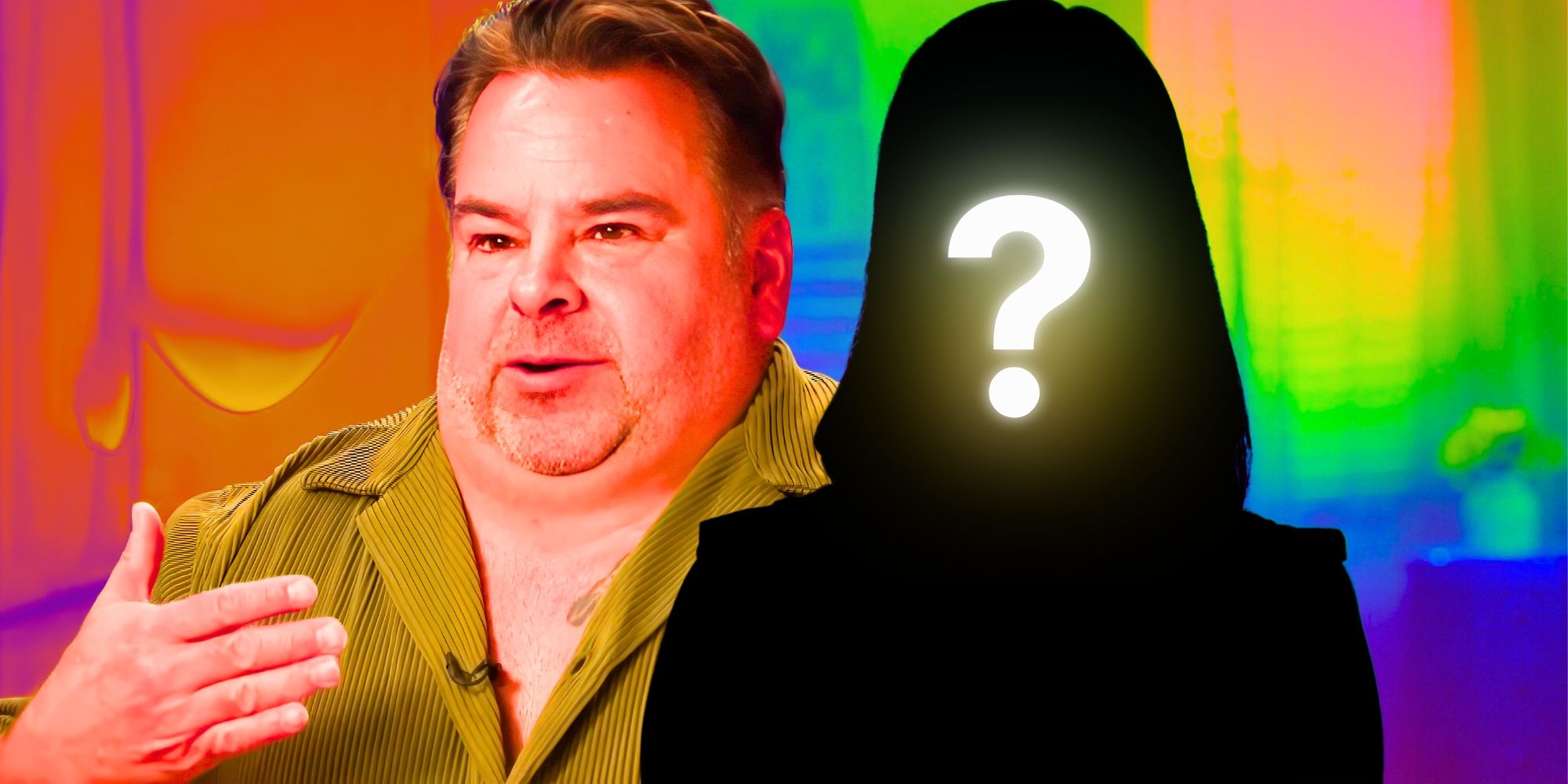 Big Ed Brown von 90 Day Fiance spricht neben einer mysteriösen Figur vor einem farbenfrohen Hintergrund.