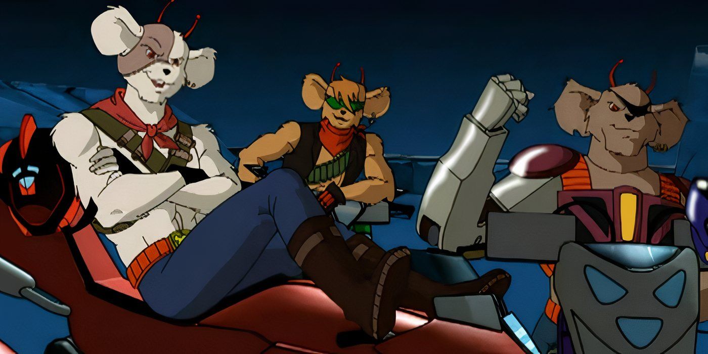 Biker Mice from Mars hanging out on their motorcycles.