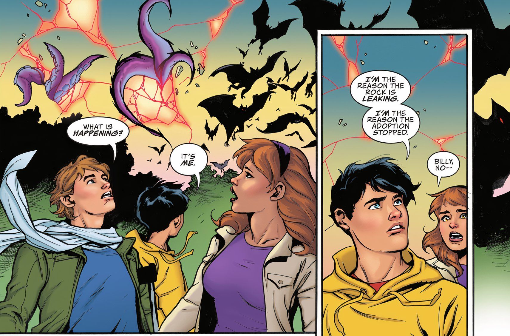 Billy Batson (com Freddy e Mary) percebe que seus poderes estão destruindo a realidade.