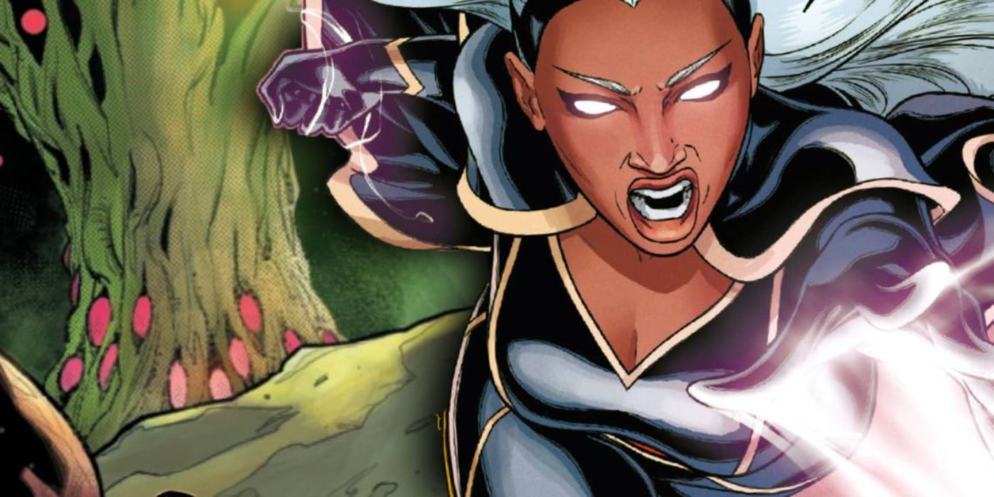 Tempestade de X-Men com Krakoa atrás dela.