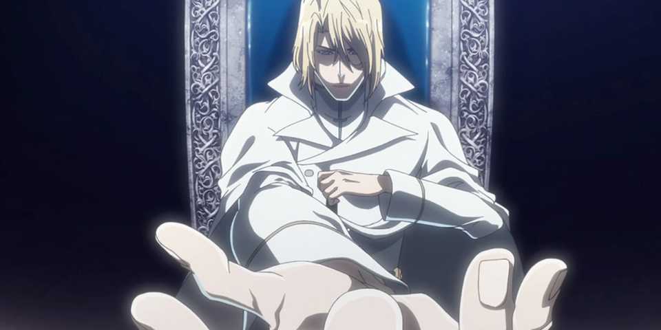 Jugram Haschwalth seated at a throne in a dark room, reaching out a hand.