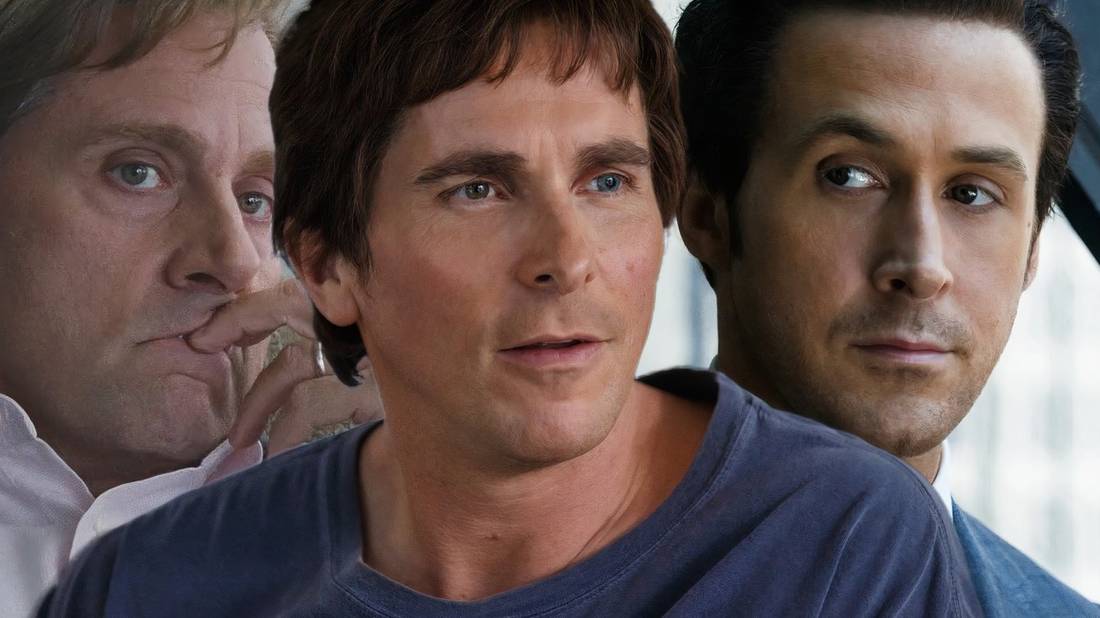 Blended image of Steve Carell as Mark Baum, Christian Bale as Michael Burry, and Ryan Gosling as Jared Vennett in The Big Short