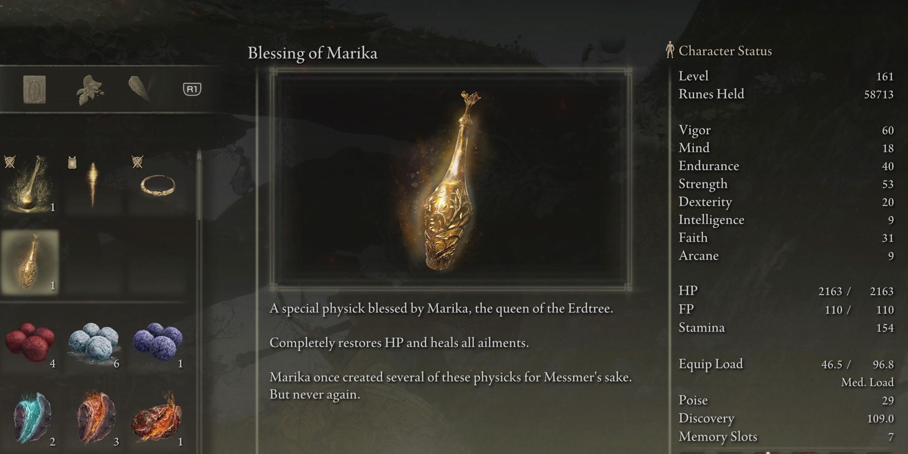 Ikon untuk item Elden Ring: Shadow of the Erdtree, Blessing of Marika, di layar inventaris.  Menunjukkan labu tipis.