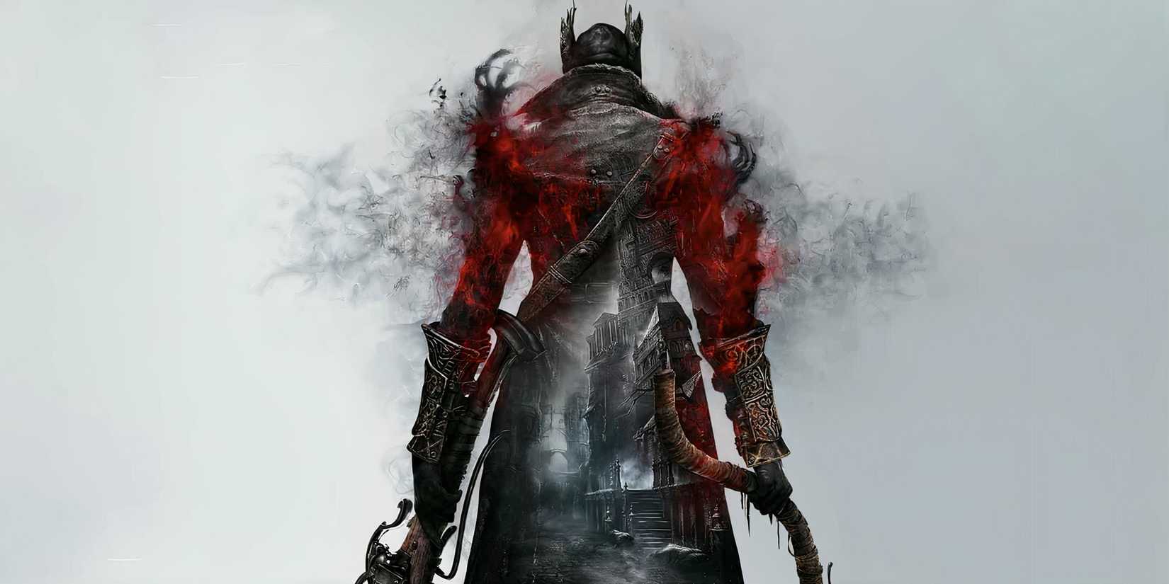 Bloodborne's Hunter on a red background with red smoke around him
