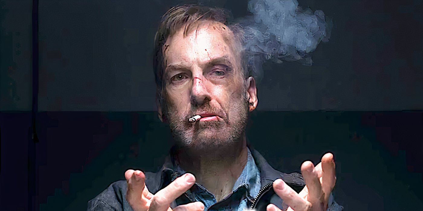 Hutch, de Bob Odenkirk, levanta as mãos enquanto fuma em uma sala de interrogatório em Nobody