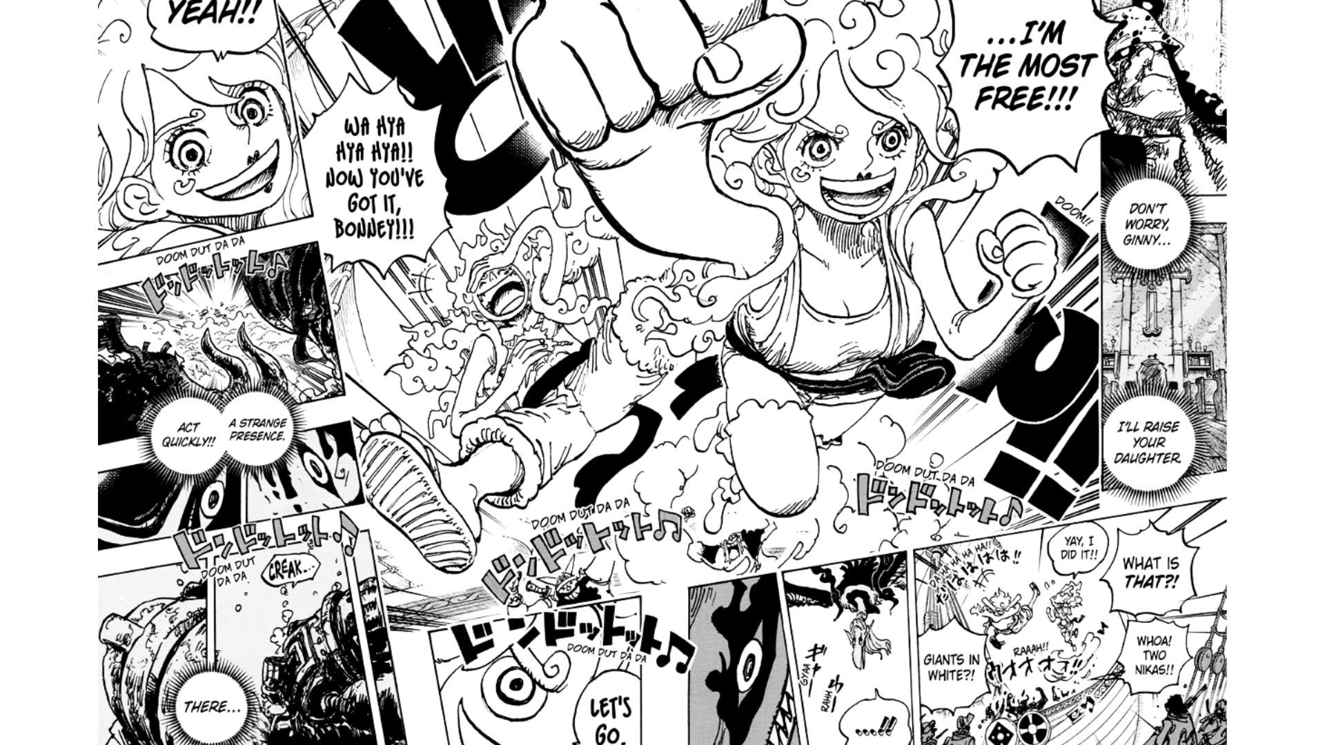 Bonney transformed into Sun God Nika with Luffy in the background