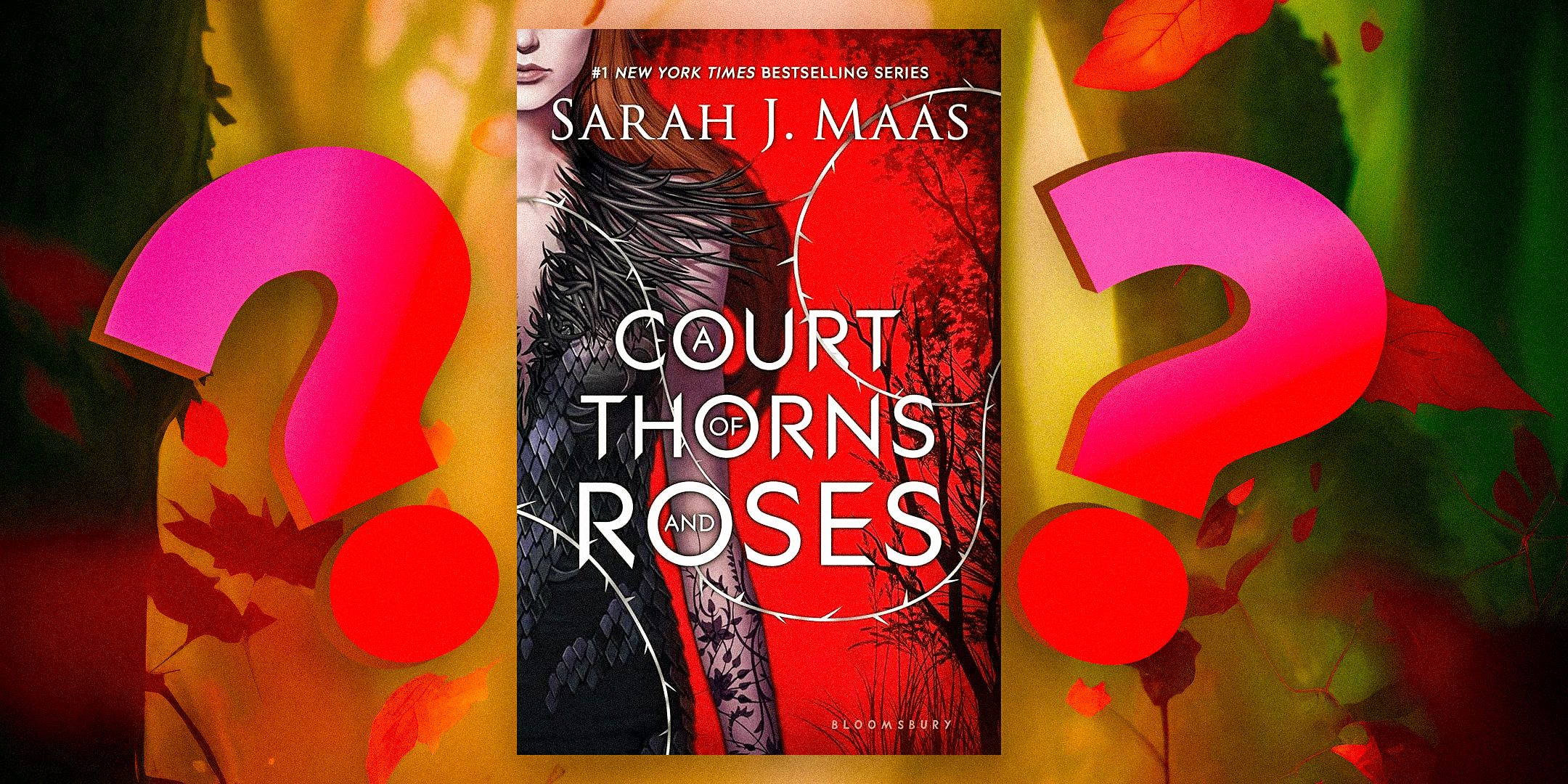 Book cover of A Court of Thorns and Roses on a background of question marks