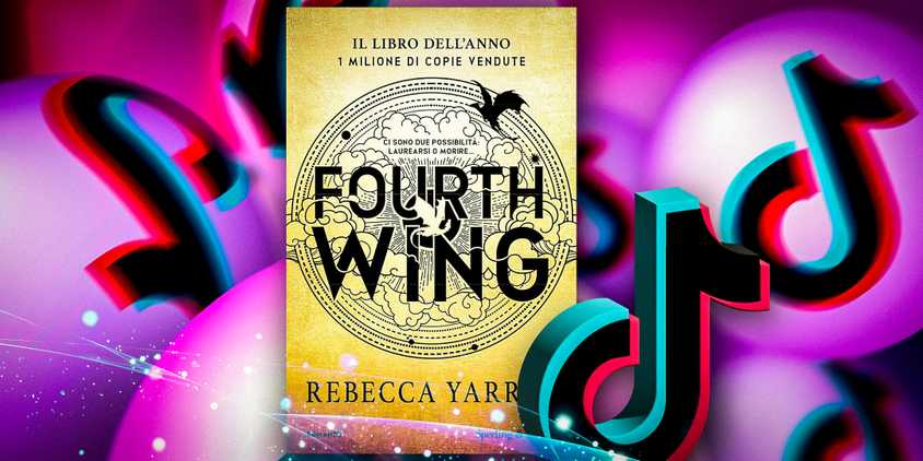 The cover of Fourth Wing by Rebecca Yarros surrounded by the TikTok logo and a purple background
