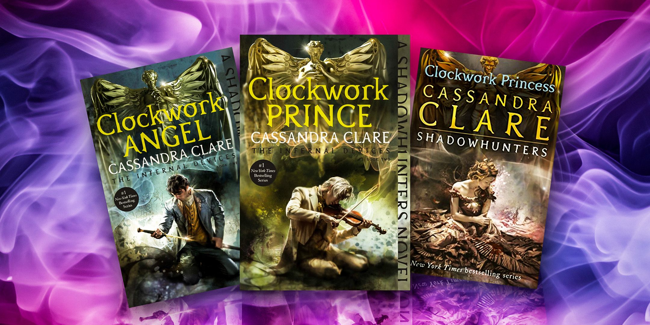 The Infernal Devices book covers featuring Will with a sword, Jem with a violin, and Tessa