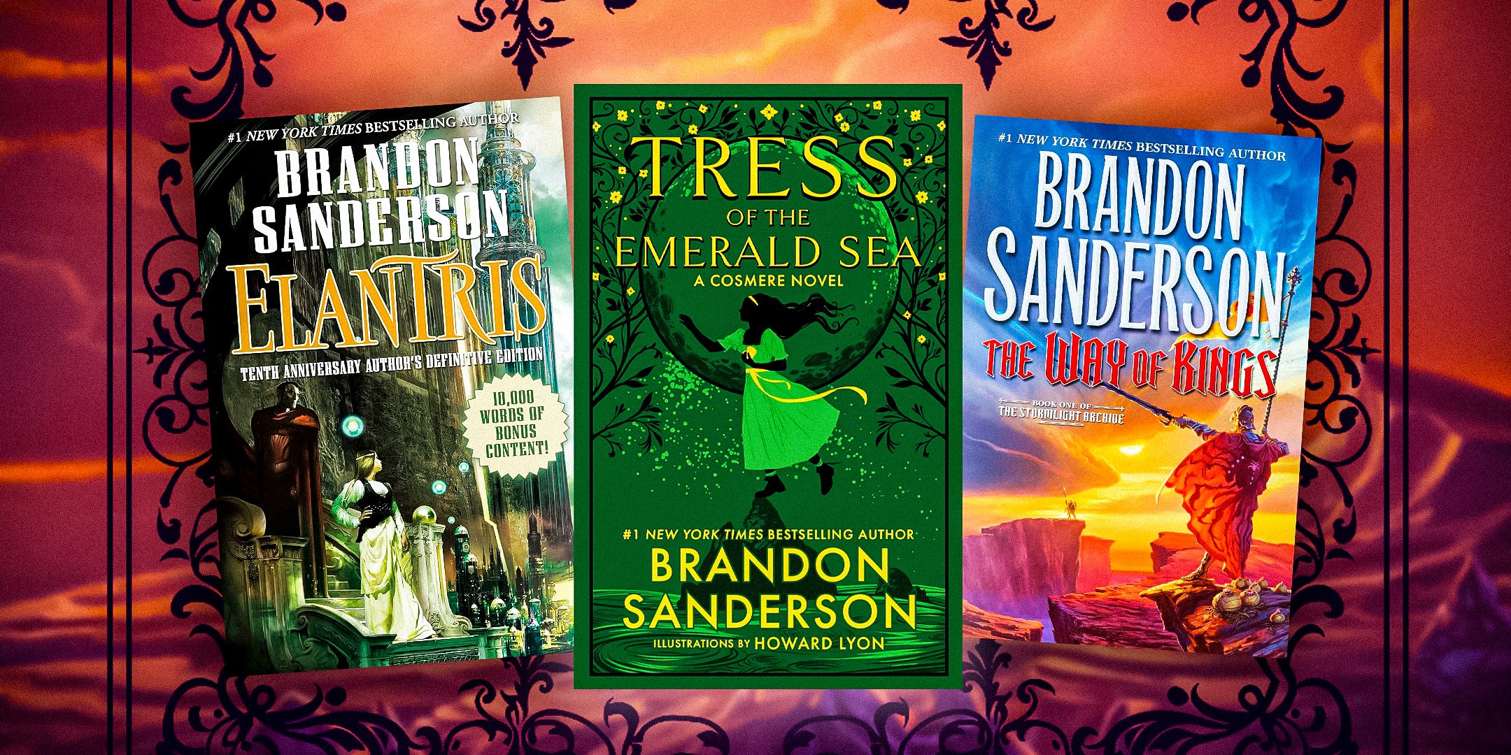 Elantris, Tress of the Emerald Sea, and The Way of Kings covers