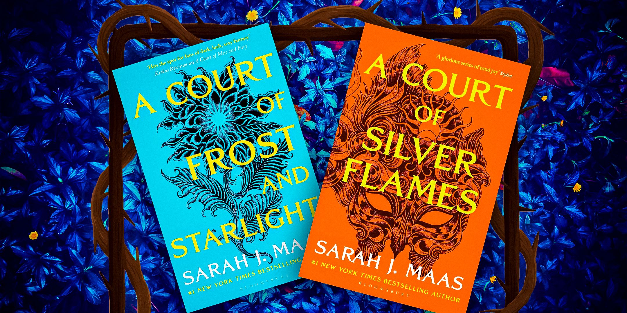 The book covers for A Court of Frost & Starlight and A Court of Silver Flames with blue flowers as a background