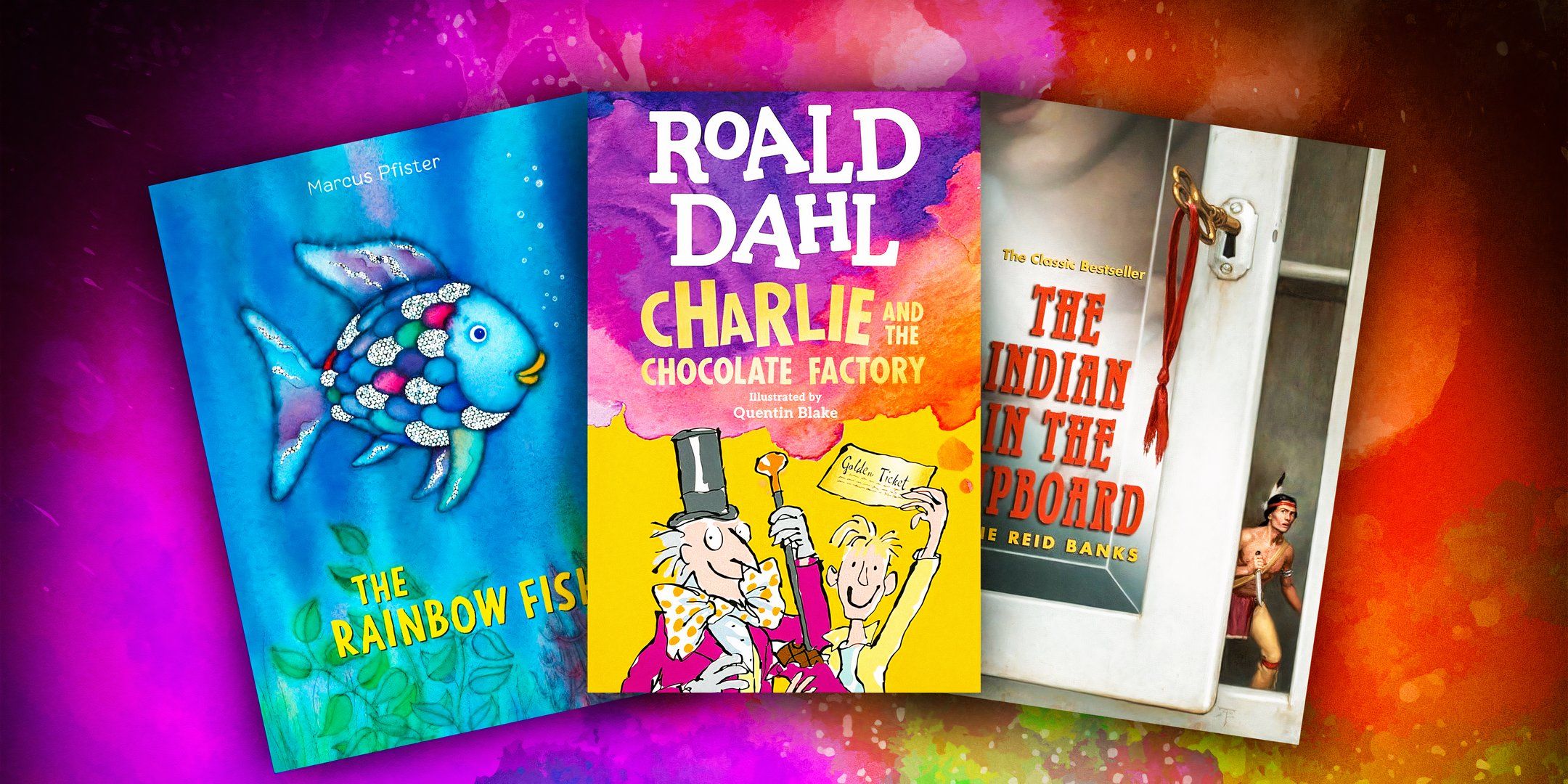 Book-Imagery-from-The-Rainbow-Fish-By-Marcus-Pfister-Charlie-and-the-Chocolate-Factory-Republished-By-Roald-Dahl-and-The-Indian-In-The-Cupboard-By-Lynne-Reid-Banks-Book