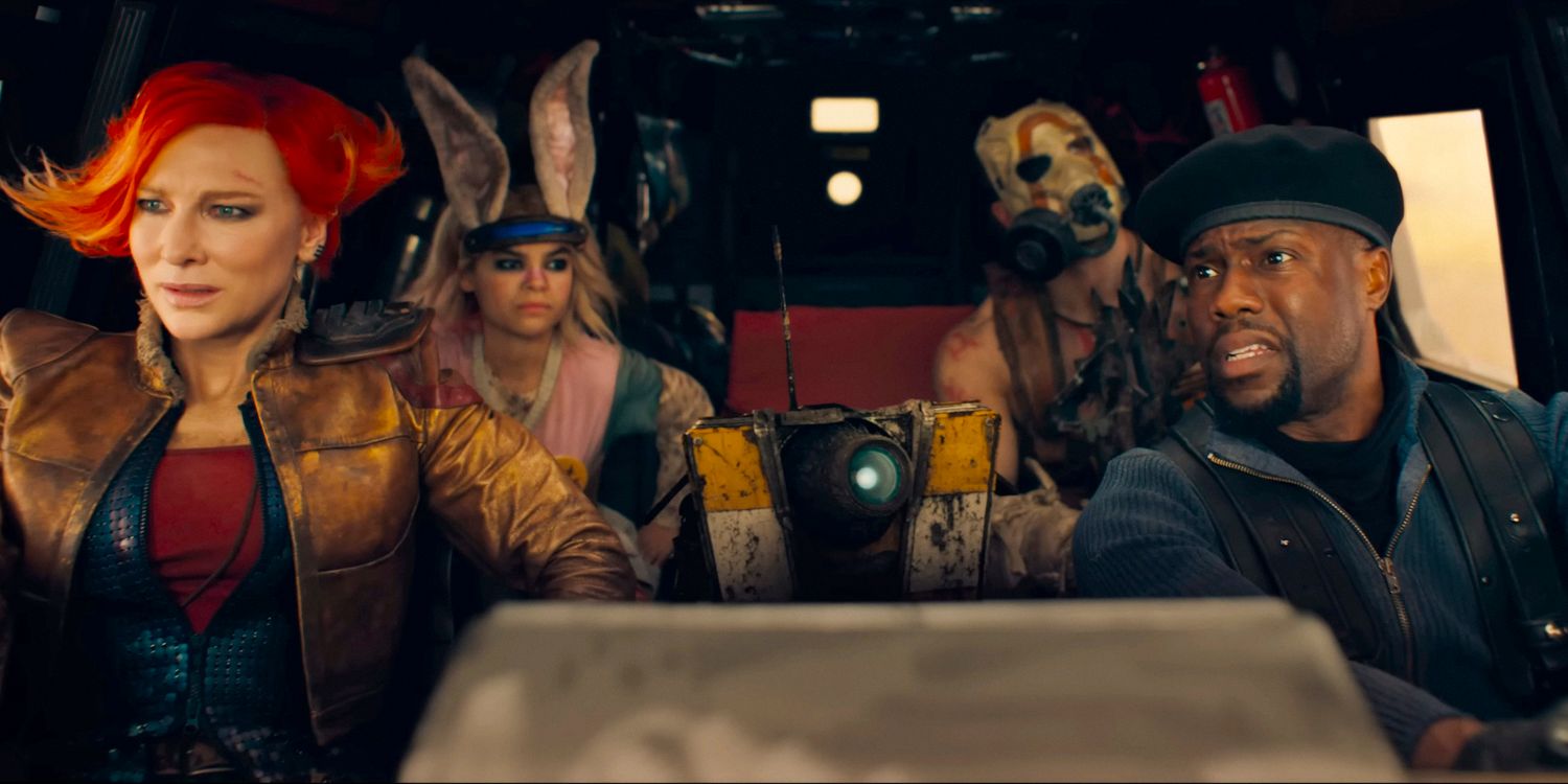 Lilith (Cate Blanchett), Claptrap, Roland (Kevin Hart), Tiny Tina (Ariana Greenblatt) e Krieg (Florian Munteanu) a bordo de um tanque de combate em Borderlands 