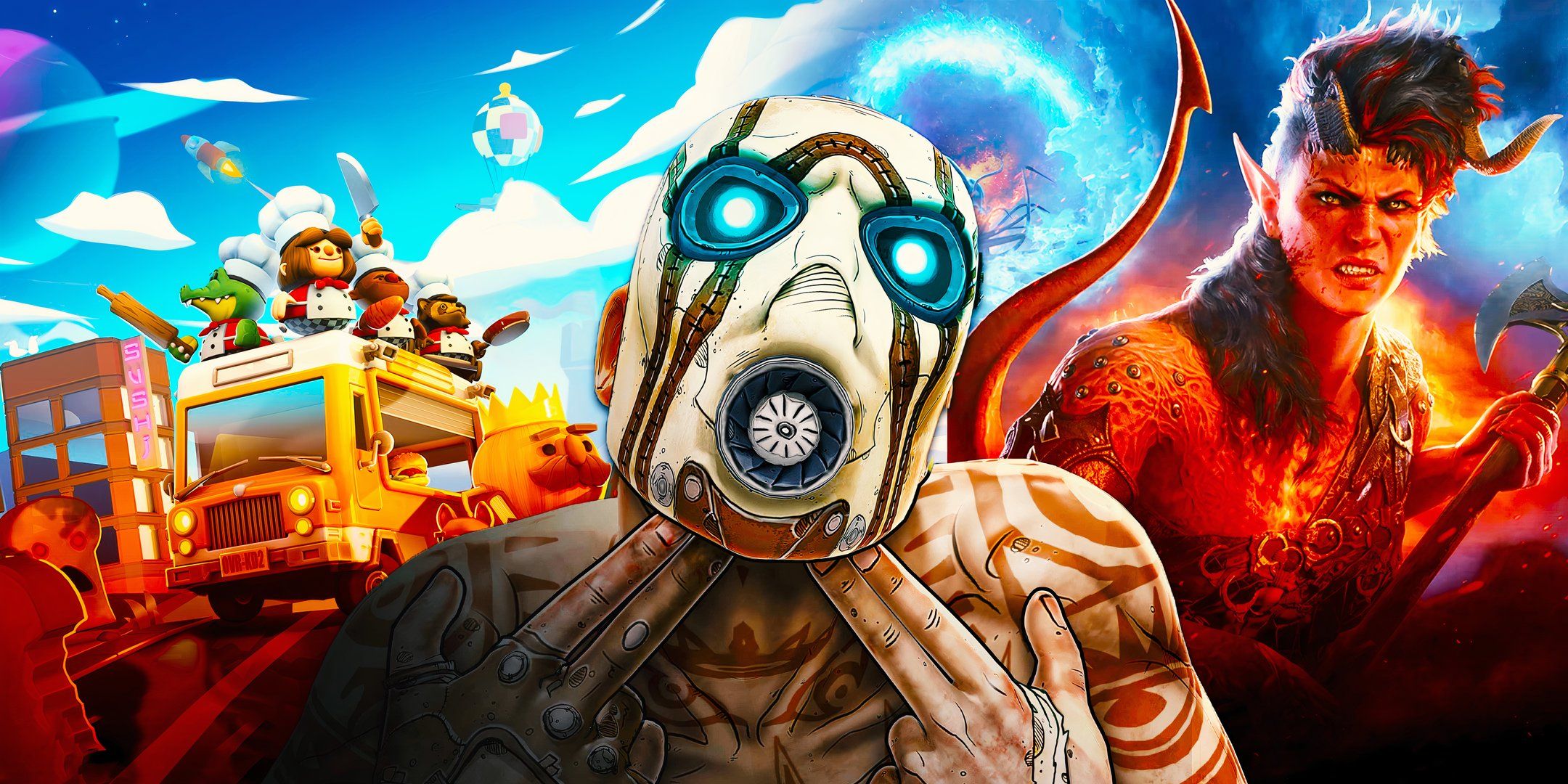 Borderlands 2, overcooked 2 school bus and Karlach from Baldur's Gate 3.