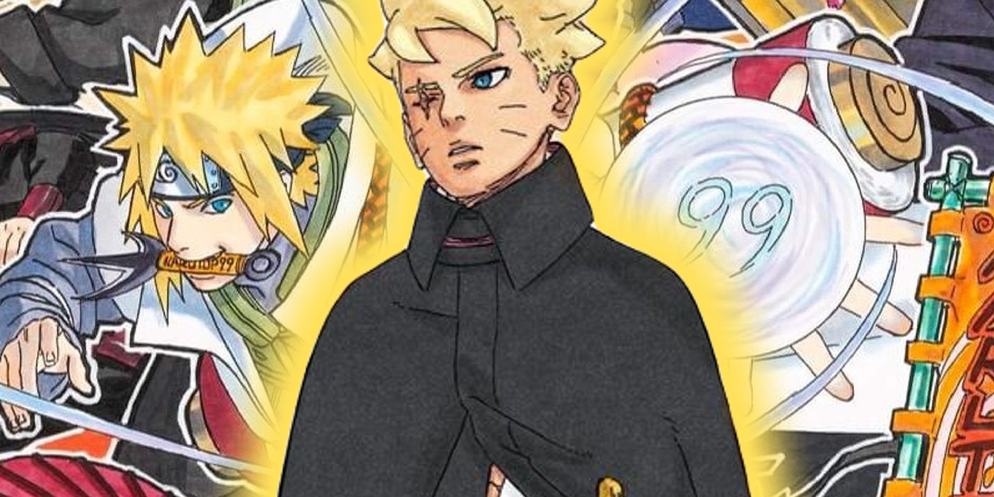 Boruto in front of an image of Minato holding a Rasengan with a kunai in his mouth-1