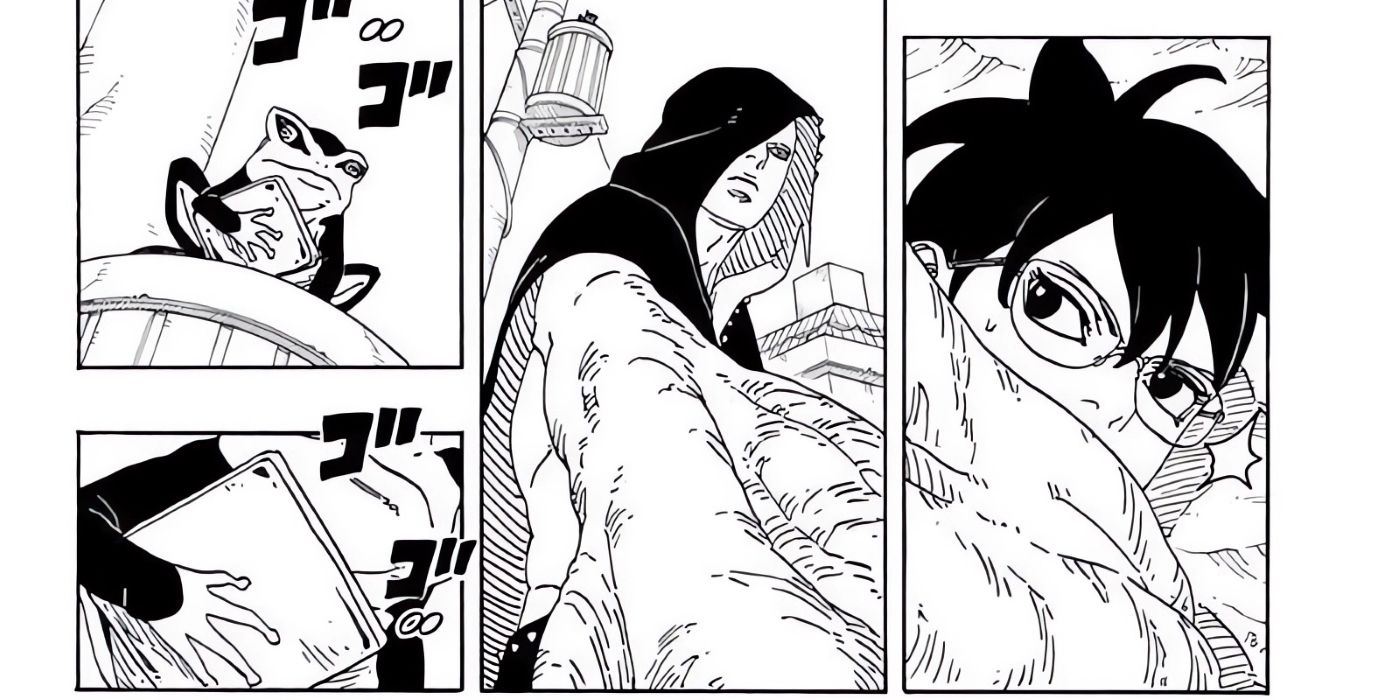 O sapo de Boruto olhando para Sarada enquanto segura um quadrado para o filho de Naruto se teletransportar.