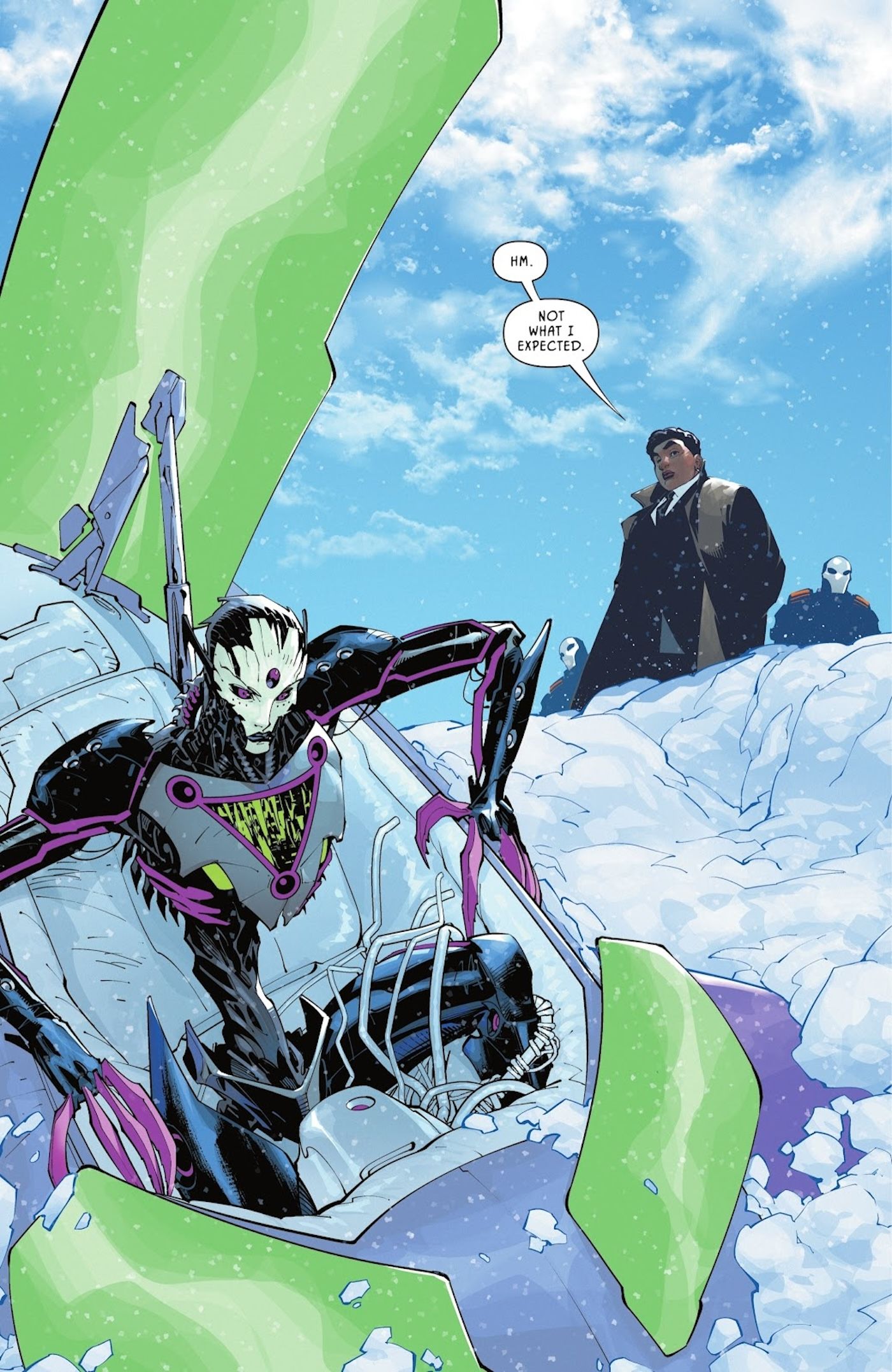 Comic book page: Brainiac Queen emerges from a crashed escape pod in the snow. Amanda Waller watches from above.