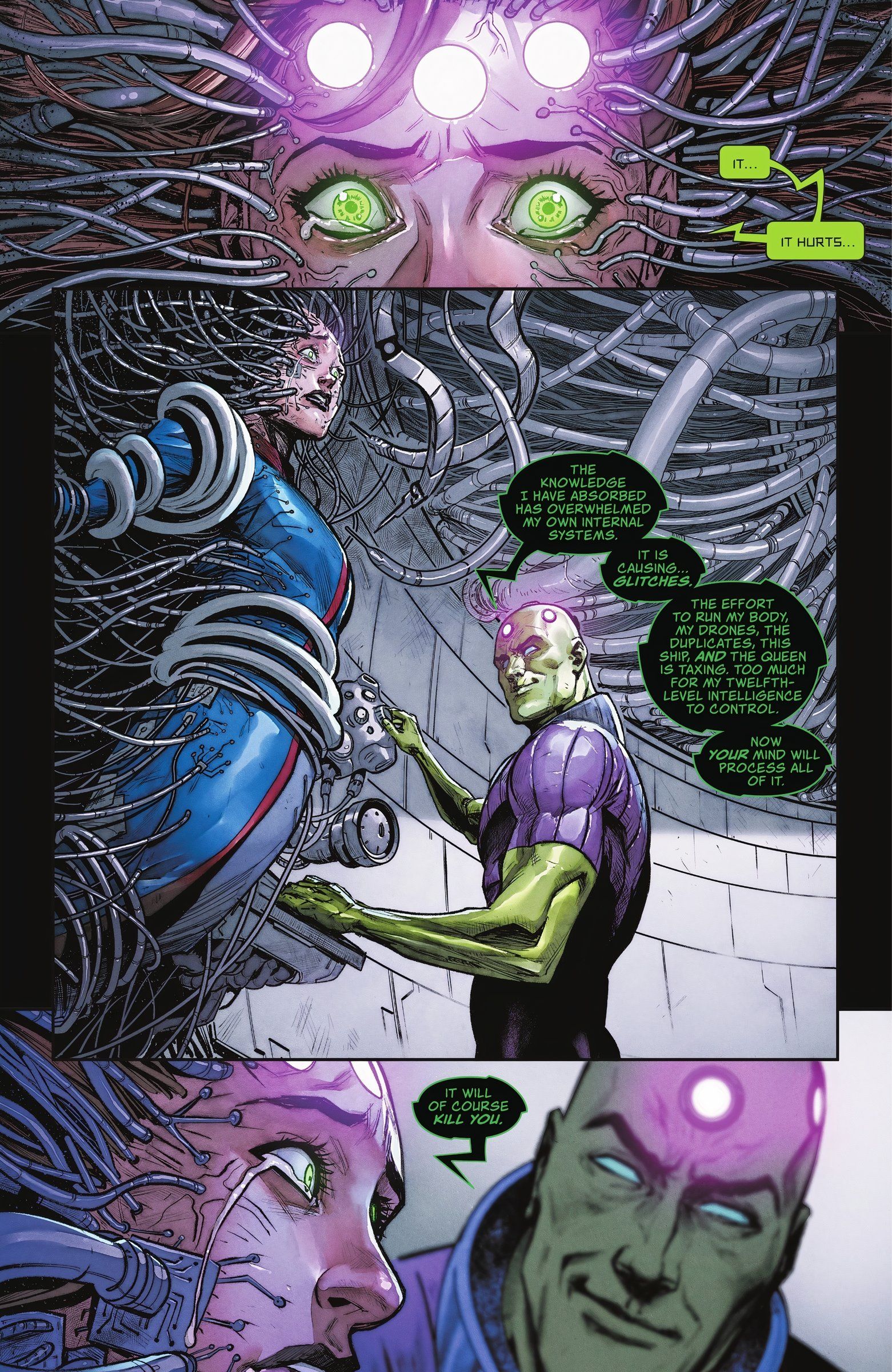 Três painéis de Brainiac torturando Lena Luthor