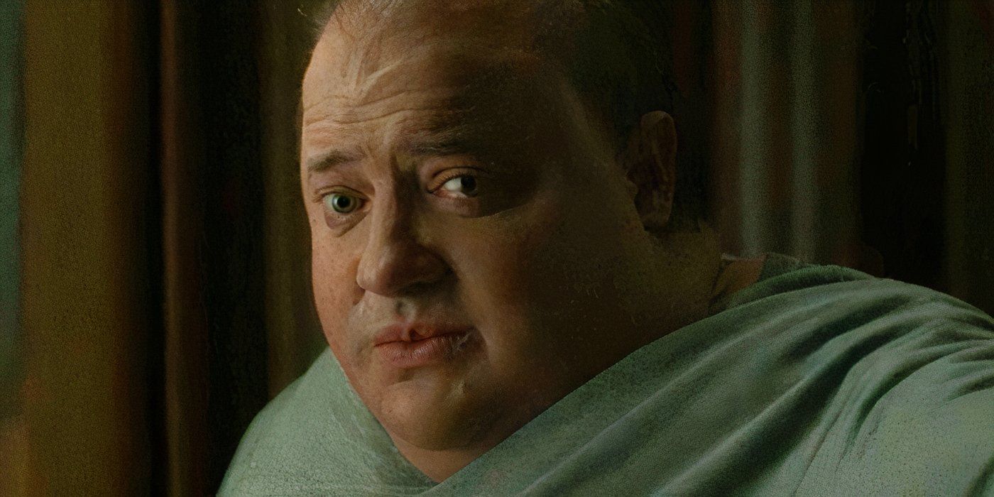 Brendan Fraser looking worried in The Whale