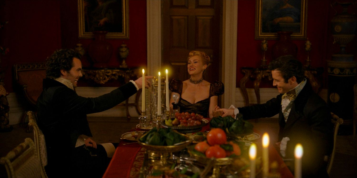 Paul (Lucas Aurelio), Lady Tilley Arnold (Hannah New), and Benedict Bridgerton (Luke Thompson) smiling and enjoying their evening together in Bridgerton season 3 episode 6