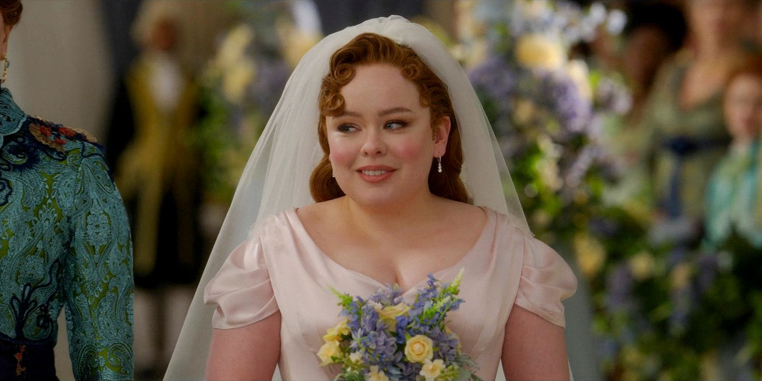 Penelope (Nicola Coughlan) in her wedding gown walking towards the altar in Bridgerton season 3 episode 7