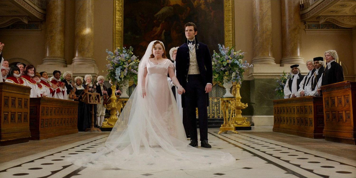 Penelope (Nicola Coughlan) and Colin Bridgerton (Luke Newton) wedding in Bridgerton season 3 episode 7