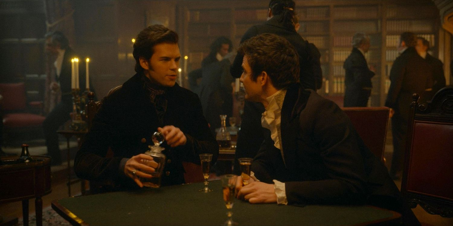 Colin Bridgerton (Luke Newton) drinking the night before his wedding, accompanied by his brother Benedict Bridgerton (Luke Thompson) in Bridgerton season 3 episode 7