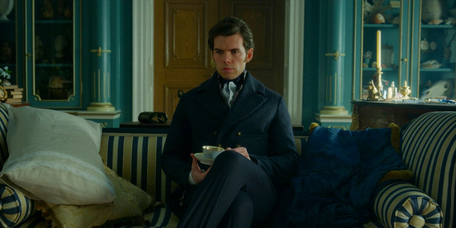 Colin Bridgerton (Luke Newton) thoughtful, sitting on the sofa drinking a cup of tea in Bridgerton season 3 episode 8