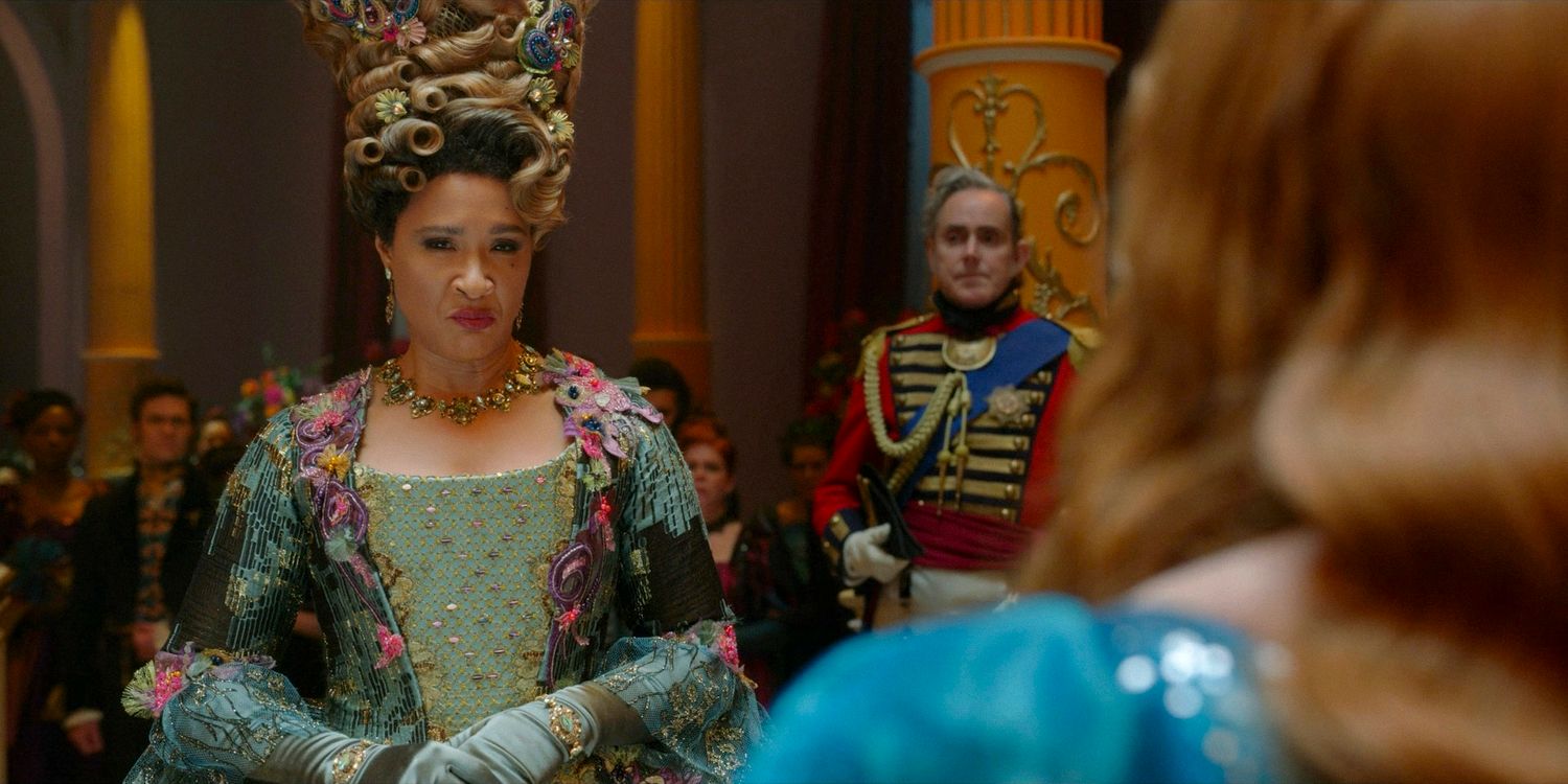 Queen Charlotte (Golda Rosheuvel) confronting Penelope (Nicola Coughlan) about her identity as Lady Whistledown in Bridgerton season 3 episode 8