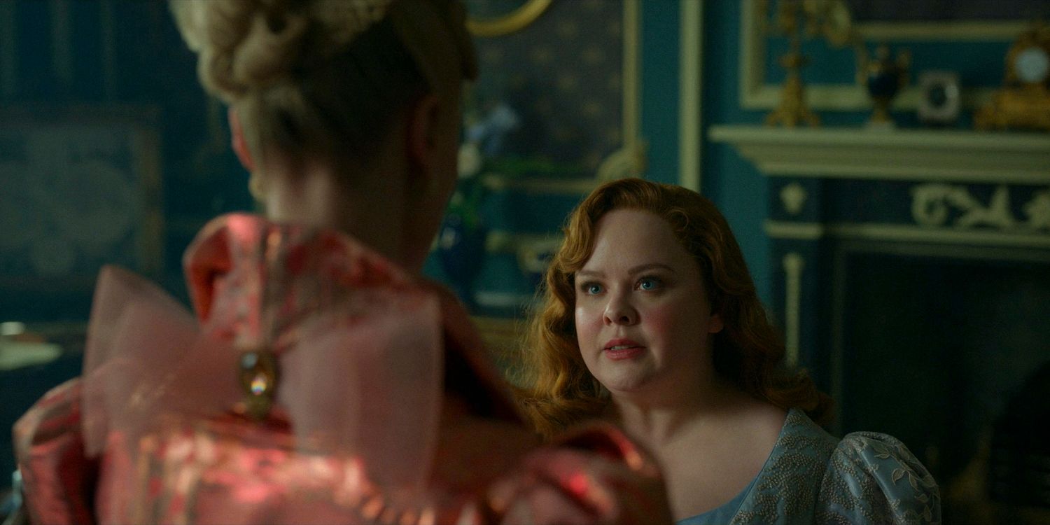 Cressida Cowper (Jessica Madsen) blackmailing Penelope (Nicola Coughlan) about revealing her Lady Whistledown identity in Bridgerton season 3 episode 8