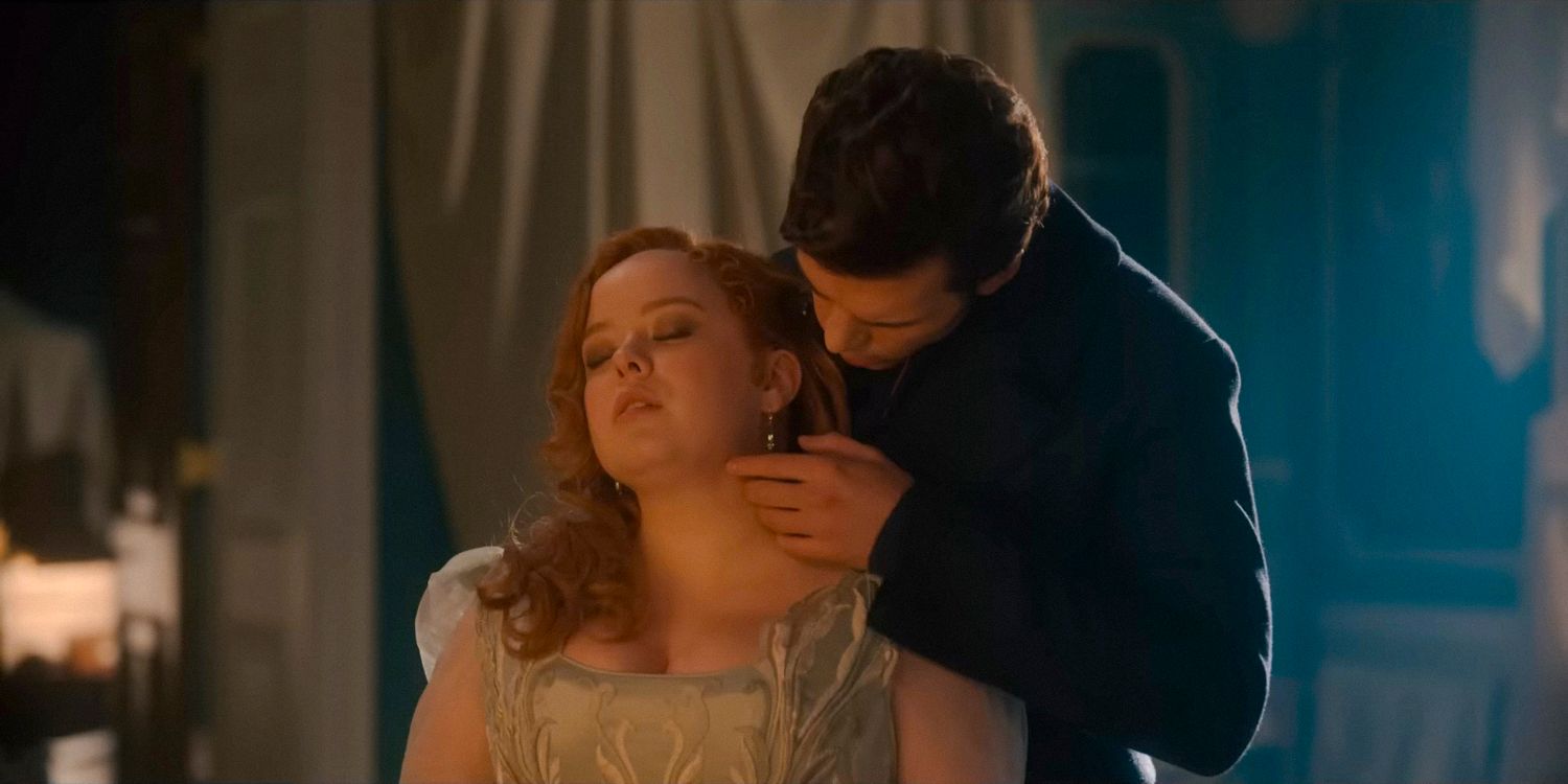 Colin Bridgerton (Luke Newton) caressing Penelope's (Nicola Coughlan) neck in Bridgerton season 3 Part 2