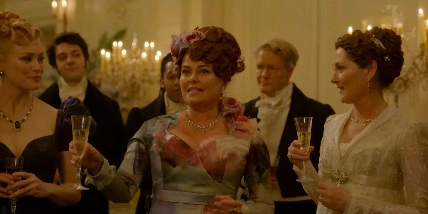 Lady Portia Featherington (Polly Walker) proposing a toast toPenelope's engagement in Bridgerton season 3 Part 2