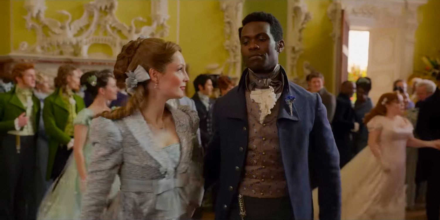 Francesca Bridgerton (Hannah Dodd) and John Stirling (Victor Alli) at a ball in Bridgerton season 3 Part 2