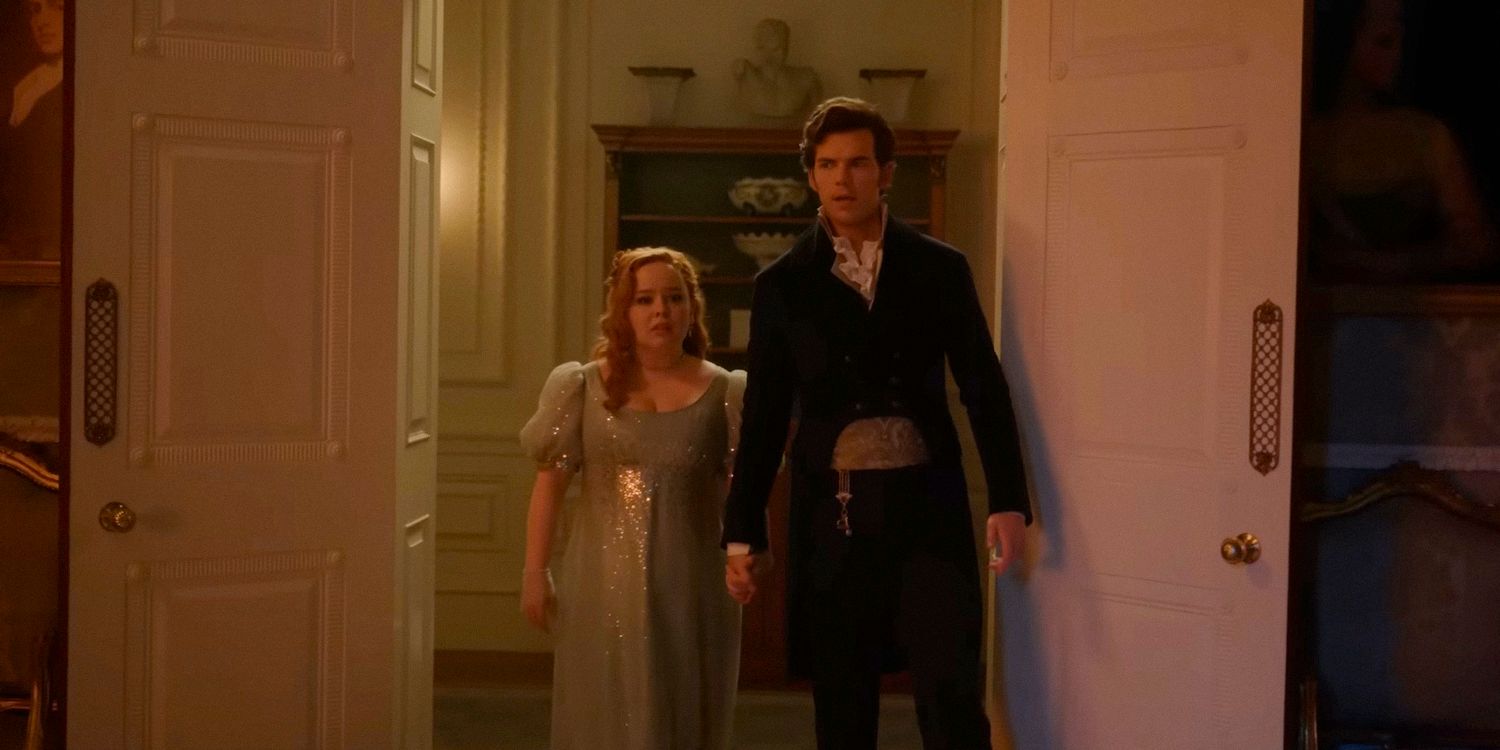 Penelope (Nicola Coughlan) and Colin (Luke Newton) entering the Bridgerton mansion to announce their engagement in Bridgerton season 3 Part 2