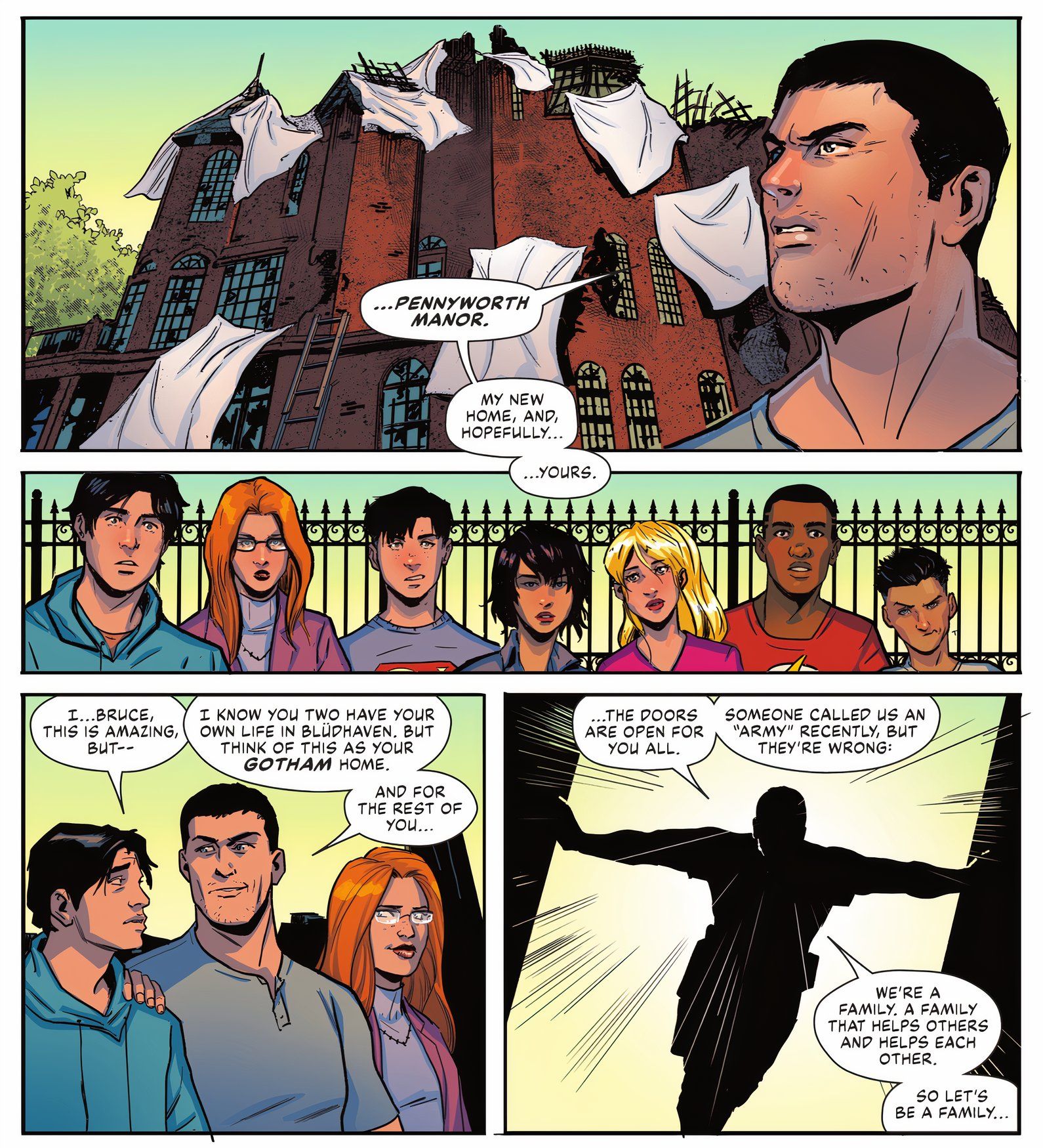 Painéis de quadrinhos: Batman Bruce Wayne convida sua família para Pennyworth Manor.