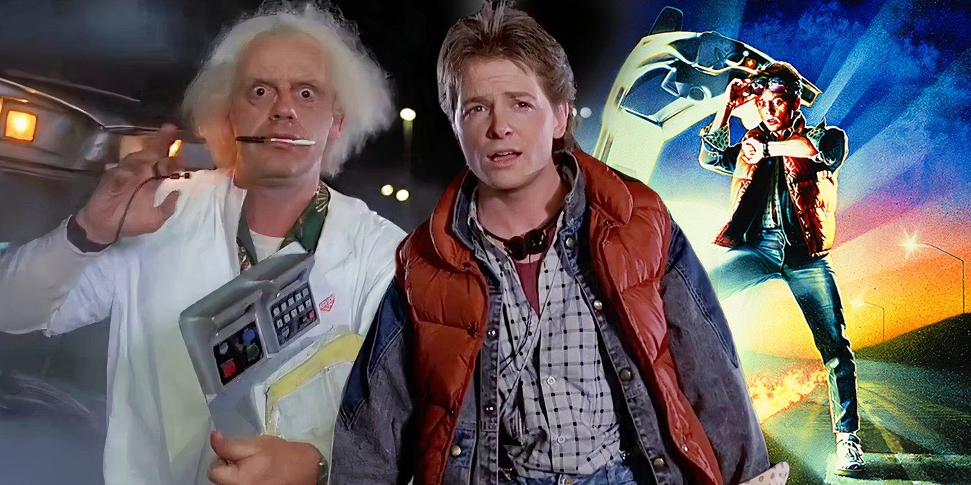 Doc Brown (Christopher Lloyd) and Marty McFly (Michael Fox) next to the poster for Back to the Future