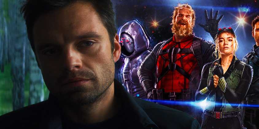 Bucky Barnes in The Falcon and the Winter Soldier with Ghost, Red Guardian, and Yelena Belova in Thunderbolts*