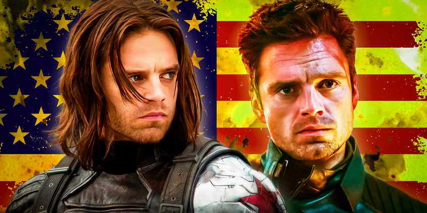 Sebastian Stan as the Winter Soldier and Bucky Barnes in the MCU in front of an American flag 