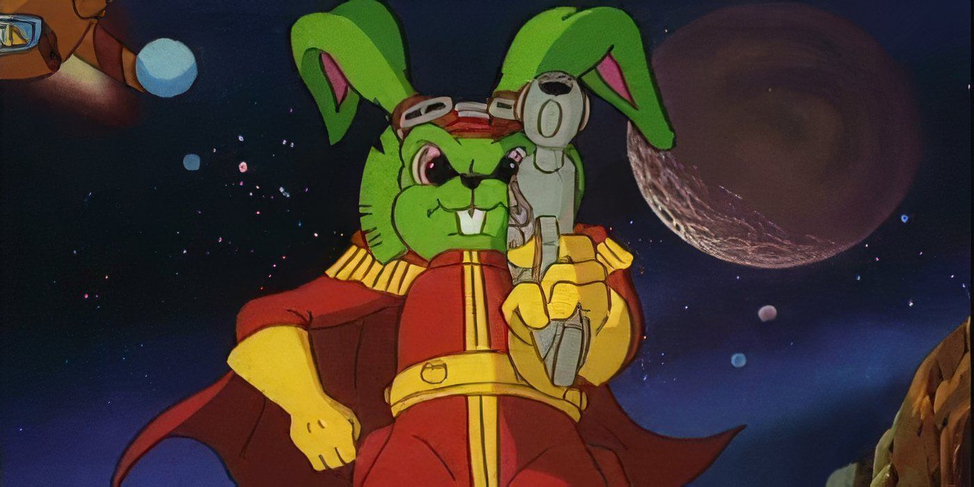 Bucky O'Hare stands with one arm on his hip and the other holding up a weapon. 
