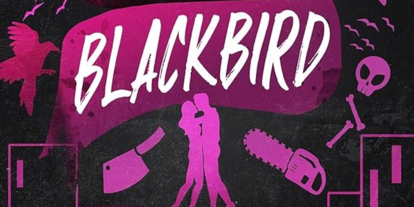 Butcher and Blackbird Cover featuring the word "Blackbird," a couple kissing, and pink weapons