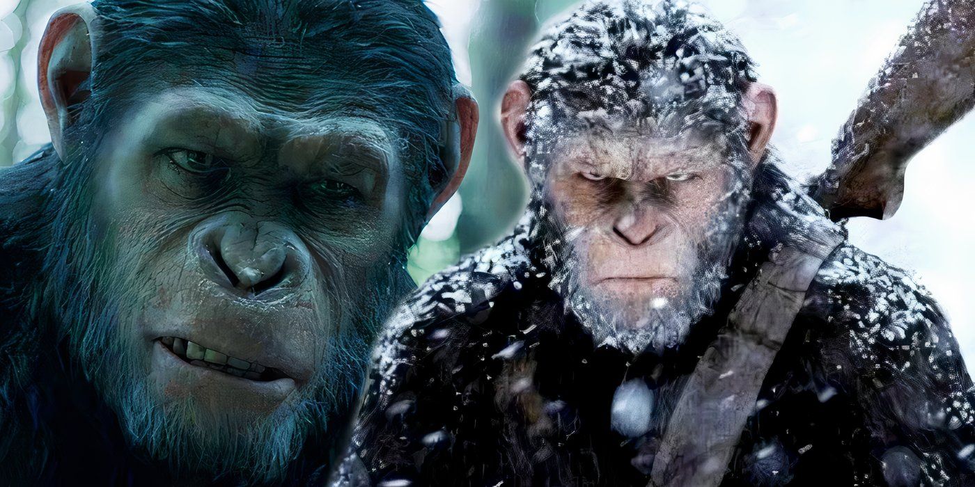 Caesar looking down in Dawn of the Planet of the Apes and Caesar riding through snow in War for the Planet of the Apes