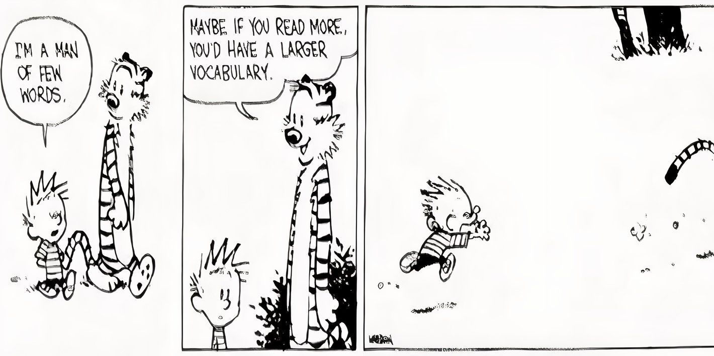 Nesta história em quadrinhos de Calvin e Hobbes, o menino corre atrás do melhor amigo quando ele faz uma piada. 