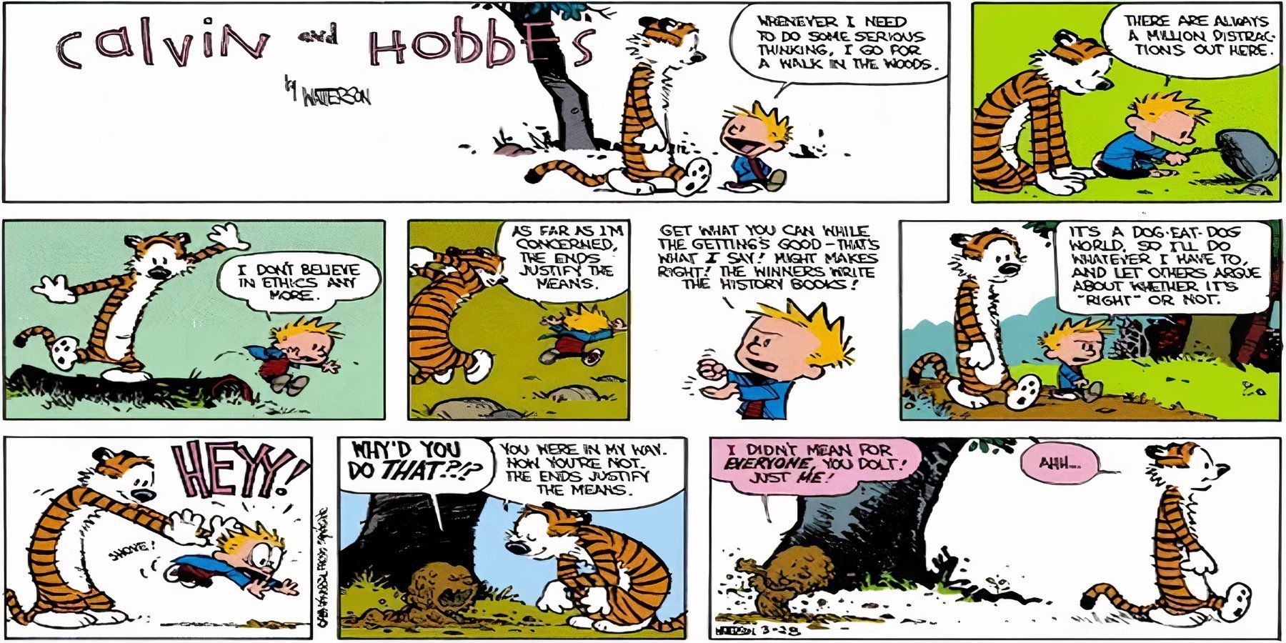 Hobbes ensina a Calvin uma lição de ética, em Calvin e Hobbes. 